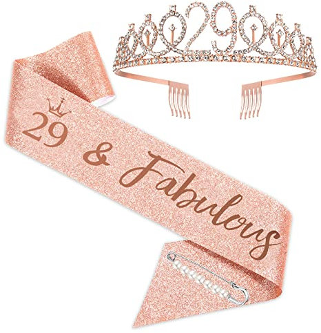 SZHUIHER Schärpe und Tiara zum 29. Geburtstag, Roségold-Geburtstagsschärpe, Krone 29 & fabelhafte Schärpe und Tiara für Mädchen, Geschenke zum 29. Geburtstag für glückliche Partys