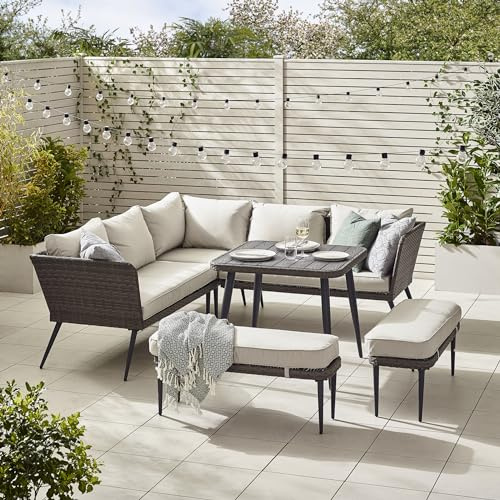 Furniturebox UK Seychelles Grey 9 Seat PE Rattan & Grey Wood Effect Outdoor Sofa Set, Cushions, 5 Seat Corner Sofa + 2 Benches + Square Table, Modern Boho Industrial Patio Furniture