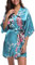 Migcaput Kimono Damen Kurz Bademantel mit Gürtel Satin V-Ausschnitt Morgenmantel Leicht Seide Strandkimonos Sexy mit Blumen Muster für Frauen Seeblau XL