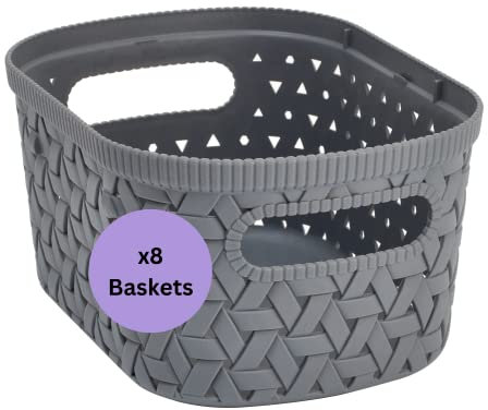 Store & Order Stackable Extra Small Storage Basket x8, Decorative Plastic Box, Multi-Functional Boxes for use around the home, Perfect Organiser Box for Kitchen or Bathroom Cupboard, Grey Rattan 2.3L