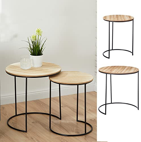 Cepewa 2er Set Beistelltisch | Industrie Design Metall Holz Tischplatten 34cm / 44cm | Tisch Wohnzimmertisch