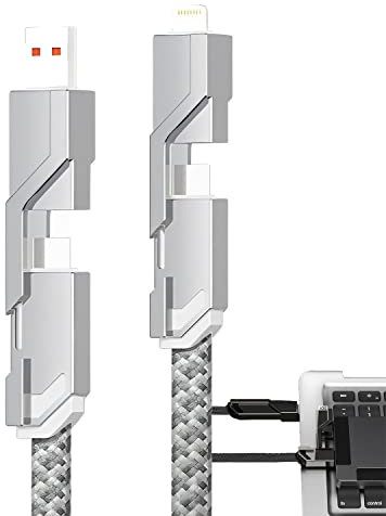 4-in-1 Flat Braided Anti-tangle Charger Cable with Velcro, 66w Fast Charging & Data Sync, Nylon Braided Charger Cables, Multi Charging Cable Combo Type C/USB A Ports