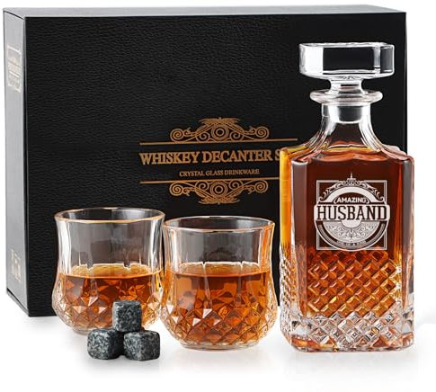 HXBYX Whiskey Dekanter-Geschenke für Männer-Dekanter fürSet mit Gravur HUSABND-Whisky Karaffe Set-inkl. 2 Whiskey Gläser&4 Whiskey Steine -ür Wein, Likör, Scotch, Bourbon, Brandy-750ml