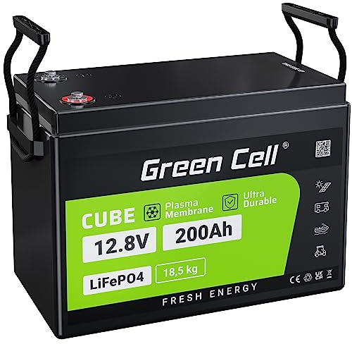 Green Cell LiFePO4 Batterie au lithium 200Ah 12.8V 2560Wh Batterie 12V BMS intégrée Durée de vie de 10ans Plus de 5500 cycles Parfait pour camping-car, installation solaire, bateau, voiturette de golf