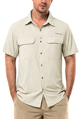 33,000ft Men's UPF 50+ UV Protection Short Sleeved Shirts Quick Dry Button Down Shirts Cooling Hiking Shirt for Travel Safari Fishing Light Khaki M