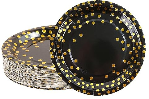 DHAIQC 50 Pezzi Nero Oro Piatti Di Carta per Feste, Stoviglie per Feste Di Compleanno Piatti Carta Colorati Usa e Getta Piatti Monouso Per Varie Feste di Compleanno e Matrimonio (Oro&Nero)