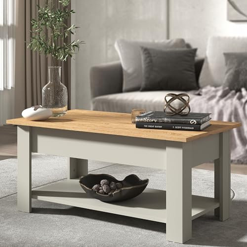 Galano Brixburn Lift Up Coffee Table with Hidden Storage & Shelf, Modern 2-Tier Space Saving Living Room Centre Table, Engineered Wood, Light Grey Oak Finish, 89.5 x 49.5 x 40 cm