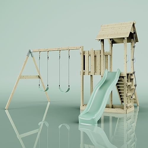 Rebo Spielturm mit Wellenrutsche und Kinder-Schaukel (2X) | Outdoor Klettergerüst Garten mit Plattform | Kletterseil und Kletterleiter | Stabile Konstruktion
