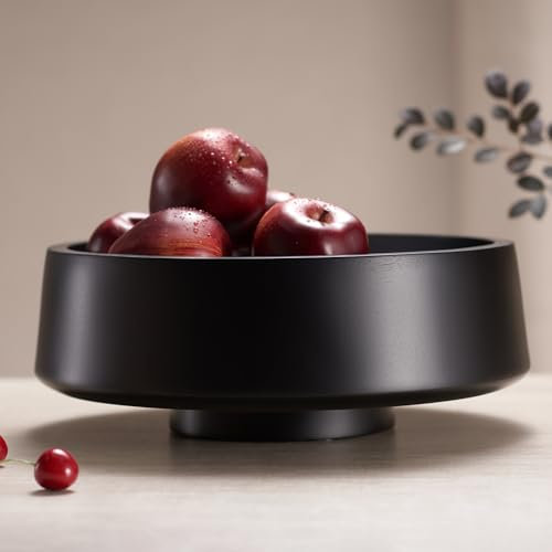 IVE Design XL Black Fruit Bowl for Kitchen Counter, 14.2-inch Diameter Large Wooden Fruit Bowl, Natural Wood, Black Decorative Bowl Fruit Holder Fruit Basket for Kitchen