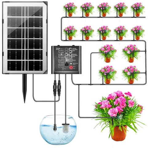 HELESIN Irrigazione Automatica, Irrigazione Giardino Solare con 12 Timer e 2 Modalità di Ricarica, Innaffiatore Automatico con Tubo Lungo 15M per Piante in Vaso, Balcone, Aiuola e Serra