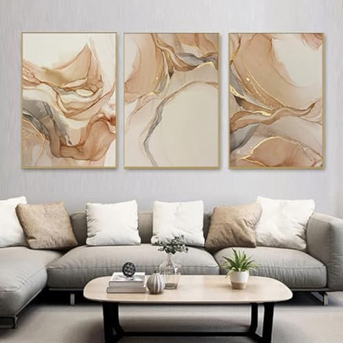 FSLEOVN 3er Set Leinwand Bilder, Beige und Gold, Abstrakte Poster Marmor, Moderne Wohnzimmer Dekor, Luxus Kunstdruck Wand Bilder, Kein Rahmen (C,50x70cm x3)