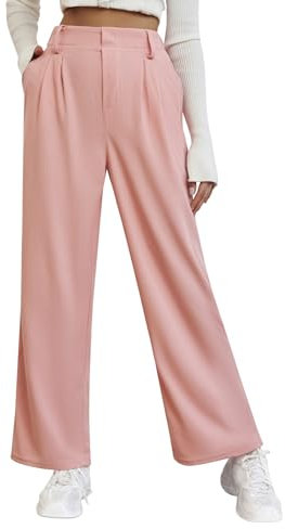 SotRong Pantalon à jambe large pour femme - Pantalon de travail décontracté en tricot gaufré - Taille haute élastique - Poche latérale plissée, rose, S