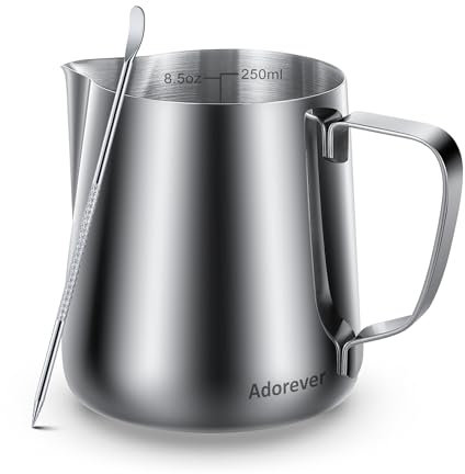 Milk Frothing Pitcher, 8.5oz / 250ml Steaming Pitcher Stainless Steel Espresso Machine Accessories for Coffee Bar, Cappuccino Barista Tools Milk Jug Steamer Frother Cup with Latte Art Pen