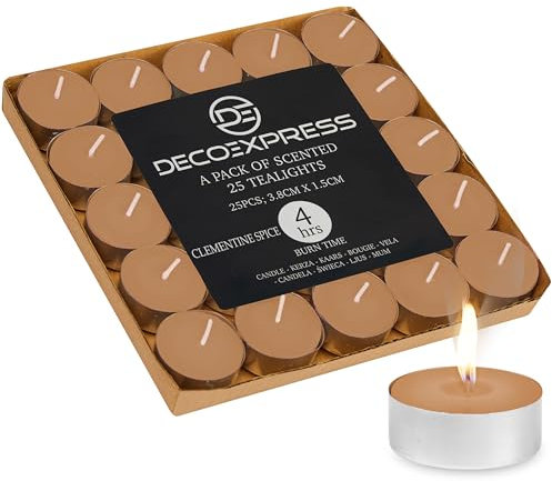DECO EXPRESS Teelichter Großpackung, 24, 25, 50, 100 oder 200 Teelichter Lange Brenndauer 4, 8 oder 10 Stunden (Clementinengewürze 25/4 Stunden)
