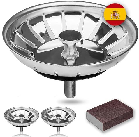 AZ Kitchen 2 Tapones Fregadero de Cocina + Esponja Mágica | Colador Acero Inoxidable Menos rígido. Tamaño para fregaderos de 78-82 mm (diámetro: 78 mm)