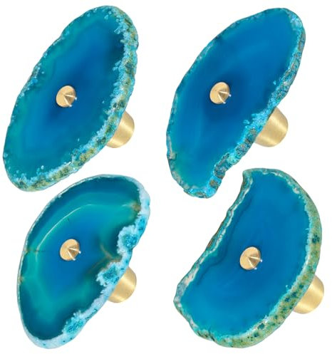 Mookaitedecor Set of 4 Blue Agate Crystal Drawer Knobs with Screws, Irregular Blue Crystal Stone Handles Pulls for Cupboard Cabinet Wardrobe Kitchen Unique Decorative Furniture Brass Knobs