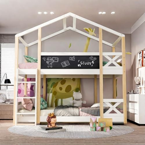 Lit Cabane Enfants 90x200 - Lit Superposé Double avec Protection Anti-Chute, Cabane dans Les Arbres, Mezzanine avec Rangement, Naturel et Blanc