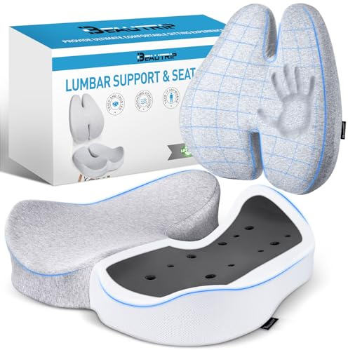 BEAUTRIP Sitzkissen & Lendenstützenkissen für Bürostuhl, Auto & Rollstuhl - Ergonomisches Coccyx Kissen für Tailbone, Sciatica & Rückenschmerzen - Extra-Dichte Holzkohle Memory Foam Stuhlkissen