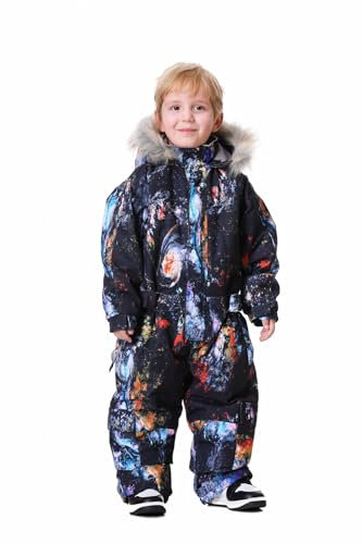 Bluemagic Skianzüge für Jungen und Mädchen, Schneeanzüge für Kinder Winddicht Warm Wasserdicht und Atmungsaktiv, Einteiliges Design, Reißverschlussöffnung (Universum, 140CM, 9-10 Jahre)
