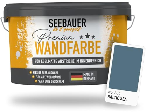 SEEBAUER diy Wandfarbe Blau 5L für Innen (No. 800 Baltic Sea) Edelmatte Innenfarbe Petrol - Blautöne sehr hohe Deckkraft - Matt, Abwaschbar und Tropffrei