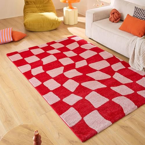 Nazar Teppich Groovy, bunt, Vintage, Retro, geometrisch, Orange, Gelb, Rosa, Rot, flauschig und bequem, Wohnzimmerteppich (383 Rouge, 80x140 cm)