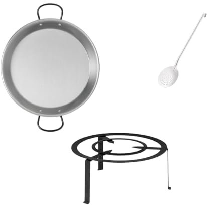 Hop Parts Set de Paella a Leña | Paellera Acero Pulido 65 cm | Trébede 50 cm | Espumadera 60 cm | Cocina Tradicional al Aire Libre