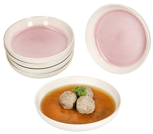 MamboCat Lot de 6 assiettes creuses Reactive Glaze Paris - 400 ml - Crème et rose - Assiettes en faïence pour 6 personnes - Assiettes creuses pour salade, pâtes, céréales, etc.