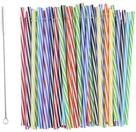 65 pajitas de plástico de colores, pajitas reutilizables, pajitas de plástico de colores, reutilizables, rígidas, con 1 cepillo de pajita, pajitas gruesas para batidos, zumos (23 cm)