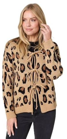Izabel London Animal Print Tie Front Cardigan for Women UK with a Relaxed fit, Long Sleeves and Drop Shoulders. Brown