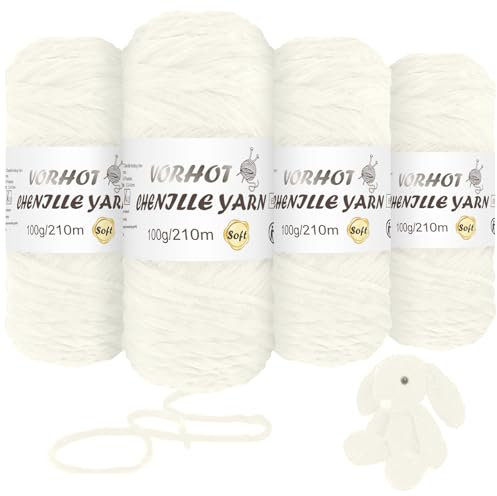 VORHOT 4x100g Chenille Wolle zum Häkeln, Chenille Samtig Babywolle, Weiche Chenille Garn, Kuschelweich Chenillegarn, Samt Velvet Wolle Chenille Zum Stricken und Häkeln, 210m, Opalin