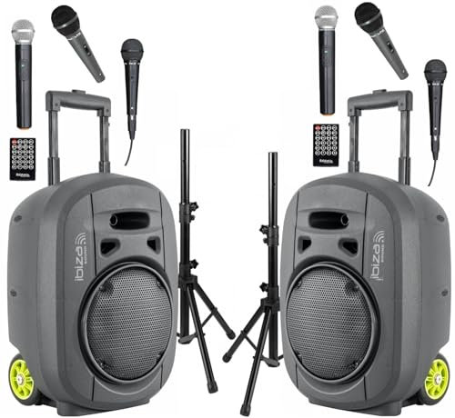 Ibiza PORT8VHF-MKII-TWS - Lote de 2 altavoces portátiles independientes (USB, Bluetooth, 400 W, 6 micrófonos)