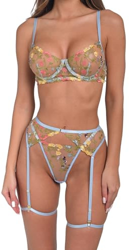 Orchibelle Besticktes Lingerie-Set – Bügel-BH, Strumpfhalter & Tanga