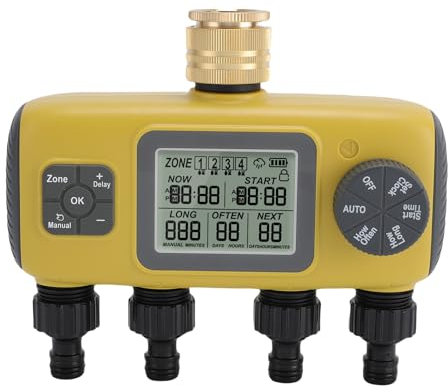 Temporizador de Riego 4 Zona Control, Lógica Secuencial Temporizador de Agua Programable, Retraso de Lluvia y Bloqueo Infantil, Control Inteligente, Configuración Fácil con