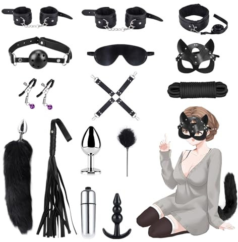 Qoosea SM Bondage Kit 15 Piezas, BDSM Restraints Kits Erótico Set Juguetes Sexuales Plug Anal con Cola de Zorro Butt Plug Set para Parejas, Bondage Set Esposas para Principiantes y Experimentados