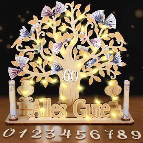 LED Geldgeschenke Geburtstag,60 Geburtstag Mann Frau,Personalisierte Geldgeschenke Lebensbaum Holz,DIY Zahlen Geldgeschenk Deko,18 40 50 60 70 DIY Zahlen WunscherfüLler Geldgeschenk