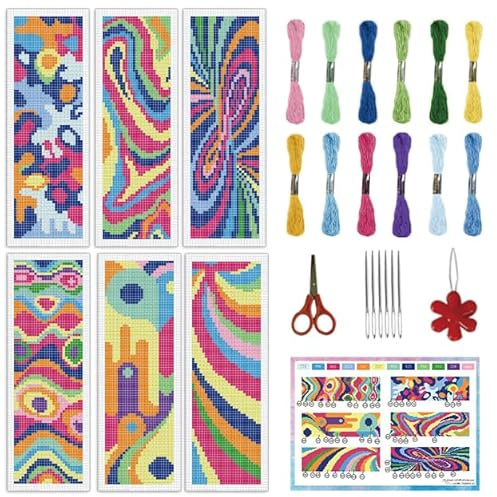 INFUNLY 6 Stück Abstrakte Kunst DIY Kreuzstich Lesezeichen Set Für Anfänger Kreatives Buntes Kreuzstich Set Mit Anleitung Modernes Abstraktes Gestempeltes Stick Lesezeichen Set Für Buchliebhaber