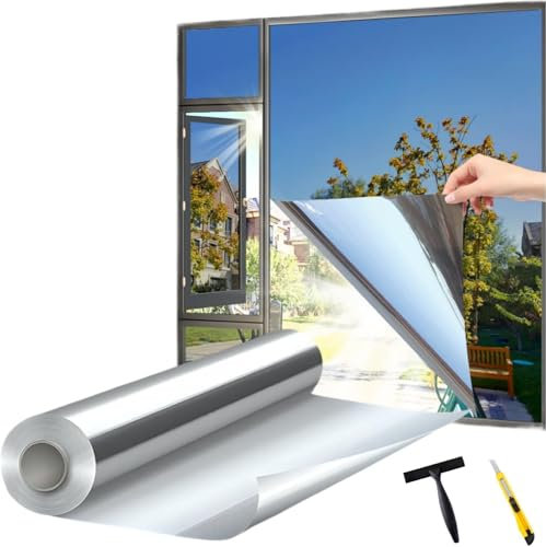 Cycbiki (2025 Premium Fensterfolie Sonnenschutz) UV400 Schutz Spiegelfolie Fenster Sichtschutz 44.5 * 200cm reflektierende Selbsthaftend Rückstandslose Sonnenschutzfolie Fenster innen&außen, Silber