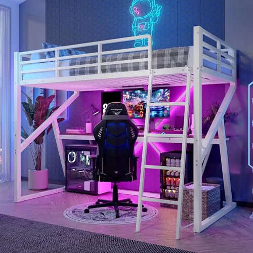VSOGA Lit mezzanine 90 x 200 cm avec barre LED, escalier, balustrade, bureau, cadre en fer, blanc (sans matelas)