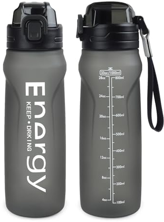 omedecal 1L Water Bottle, Leak-Proof Drink Bottles for Adults with Straw and Lanyard, Portable Heat-Resistant Waterbottle Cup for Travel Sports Gym Women Men (Black)