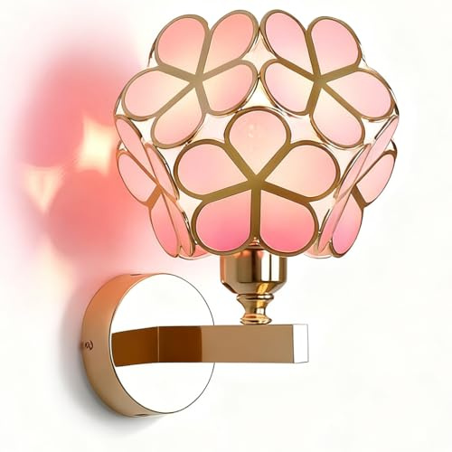 OOWDMPE Innen Wandleuchte Gold Moderne Wandlampe Blume Acryl Lampenschirm Tiffany E27 Wandbeleuchtung Dekorative Metall Wandlicht Art Deco für Schlafzimmer Wohnzimmer Hotel(mit Leuchtmittel) (Rosa)