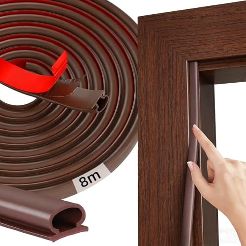 Feegela Joint Porte Fenêtre Isolation Marron Type D 8m TPE | Bande d'Étanchéité Auto-adhésive, Isolation Phonique, Anti-froid, Pour Portes et Fenêtres Bois/PVC