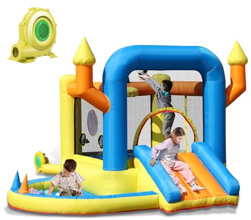 Aufblasbare Hüpfburg mit Rutsche, Sprungbereich, Bällebad & Basketballkorb, hüpfburg Kinder 3-10 Jahre, Indoor und Outdoor, 285 x 250 x 187 cm
