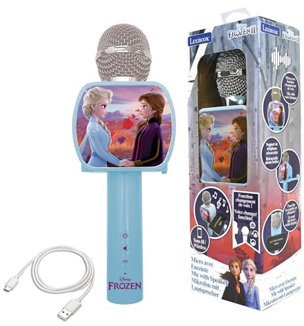 Lexibook Microphone Bluetooth® La Reine des Neiges 2 Elsa Anna Olaf avec Fonction Changement de Voix, Porte-téléphone Inclus, Enceinte intégrée, Bleu – MIC240FZLXB