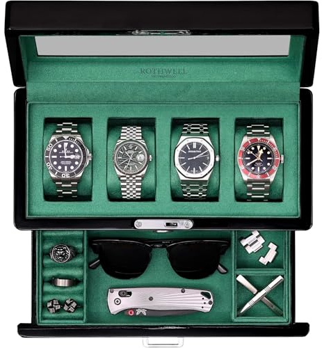 ROTHWELL Uhrenbox mit 4 Fächern, Klavierschublade, Premium-Schmuck-Vitrine, Organizer mit verschließbarer Glasplatte und Mikrovelours-Auskleidung für Damen und Herren (grüne Innenseite)