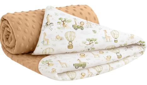 Ahoiikids Kuschelige Babydecke 75x100cm – Weiche Baumwoll-Decke für Neugeborene & Kleinkinder, ideal fürs Kinderbett & den Kinderwagen (Safari mit Beige Minky)