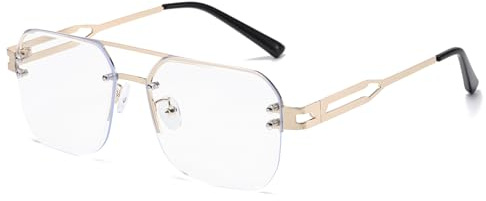 Long Keeper Piloten Blaulichtfilter Brille Randlos für Herren Damen PC Gaming Brille Transparent Computerbrille Blaulichtfilter Groß Anti Blaulicht Anti Blendung (Gold)