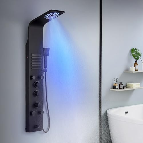 KINKIBOS Duschpaneel mit Thermostat,Nebeldusche & Massagedüsen Schwarz Matt | 6 Modi Duschsäule LED Regendusche, Nebeldusche, Massagedüsen, Handbrause und Wanneneinlauf, Edelstahl