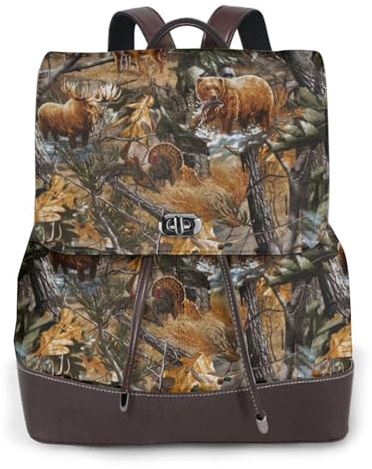FLGHJNBJN Jagd Hirsch Bär Elch Vielseitiger Leder-Rucksack für Damen, Stilvoller PU-Tagesrucksack für Pendeln, Uni, Reisen, Outdoor