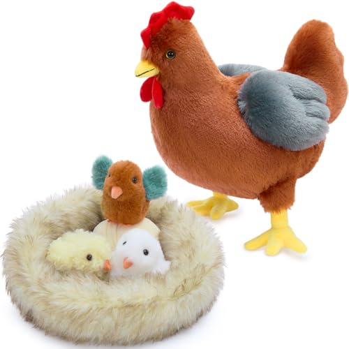 MaoGoLan 36cm groß Huhn Kuscheltier XXL mit 3 Babys im Nest, weich süß Hühnchen Küken Stofftier Plüschtier im Ei Spielzeug, chickenteddy Henne Geburtstag Weihnachten Geschenk für Kinder Baby