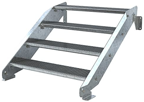 Außentreppe 4 Stufen 100 cm Laufbreite - ohne Geländer - Anstellhöhe variabel von 62 cm bis 84 cm - Gitterroststufe ST1 - feuerverzinkte Stahltreppe mit 1000 mm Stufenlänge als montagefertiger Bausatz